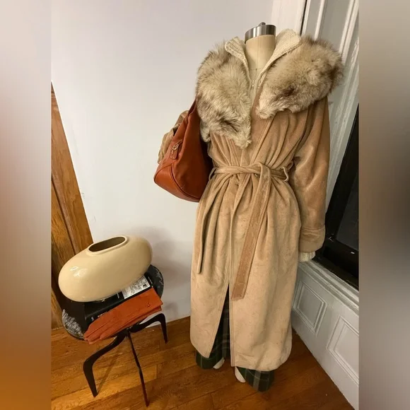 Camel Cashmere Maxi Trench Coat Long Belted Wrap Robe Winter Coat - Picture 13 of 15
